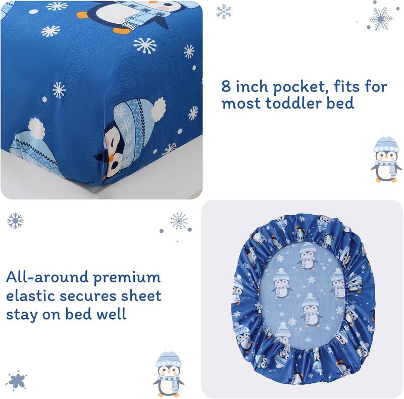 JSD Christmas Toddler Bedding Set, 4 Piece Blue Penguin Snowflakes Bed-in-Bag Comforter Sheet Set, Machine Washable - Image 4